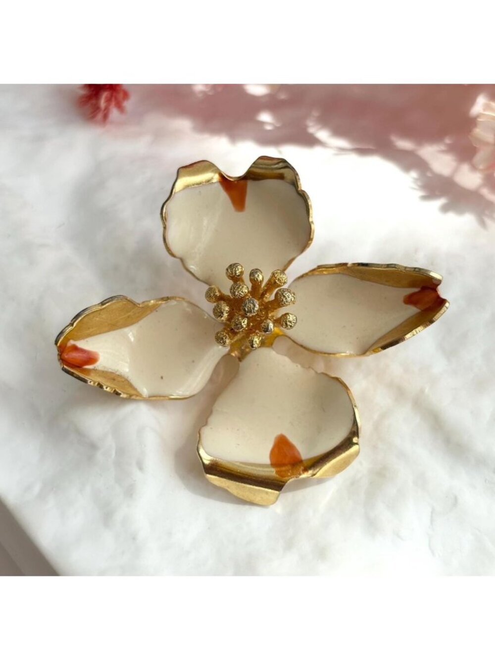 1985 Cerrito Dogwood Floral Enameled Gold Toned Vintage Handmade Brooch